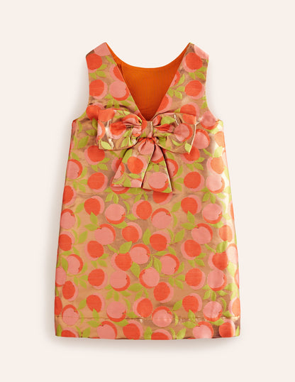 Bow Back Metallic Dress-Gold Peach Jacquard-2