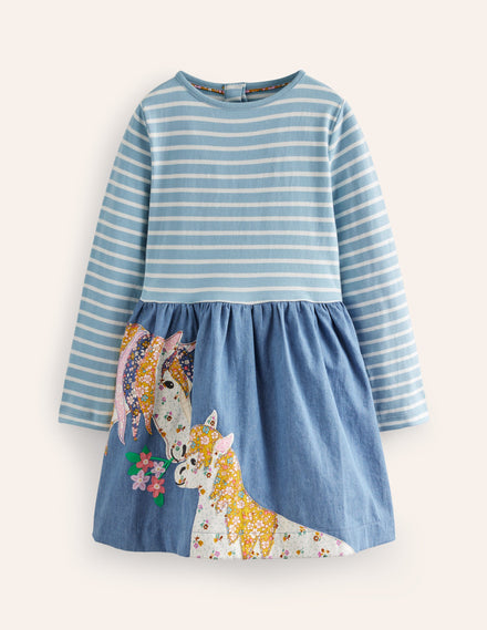 Appliqué Hem Logo Dress-Chambray Blue Horses