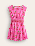 Shirred Waist Jersey Dress-Pink Cherries