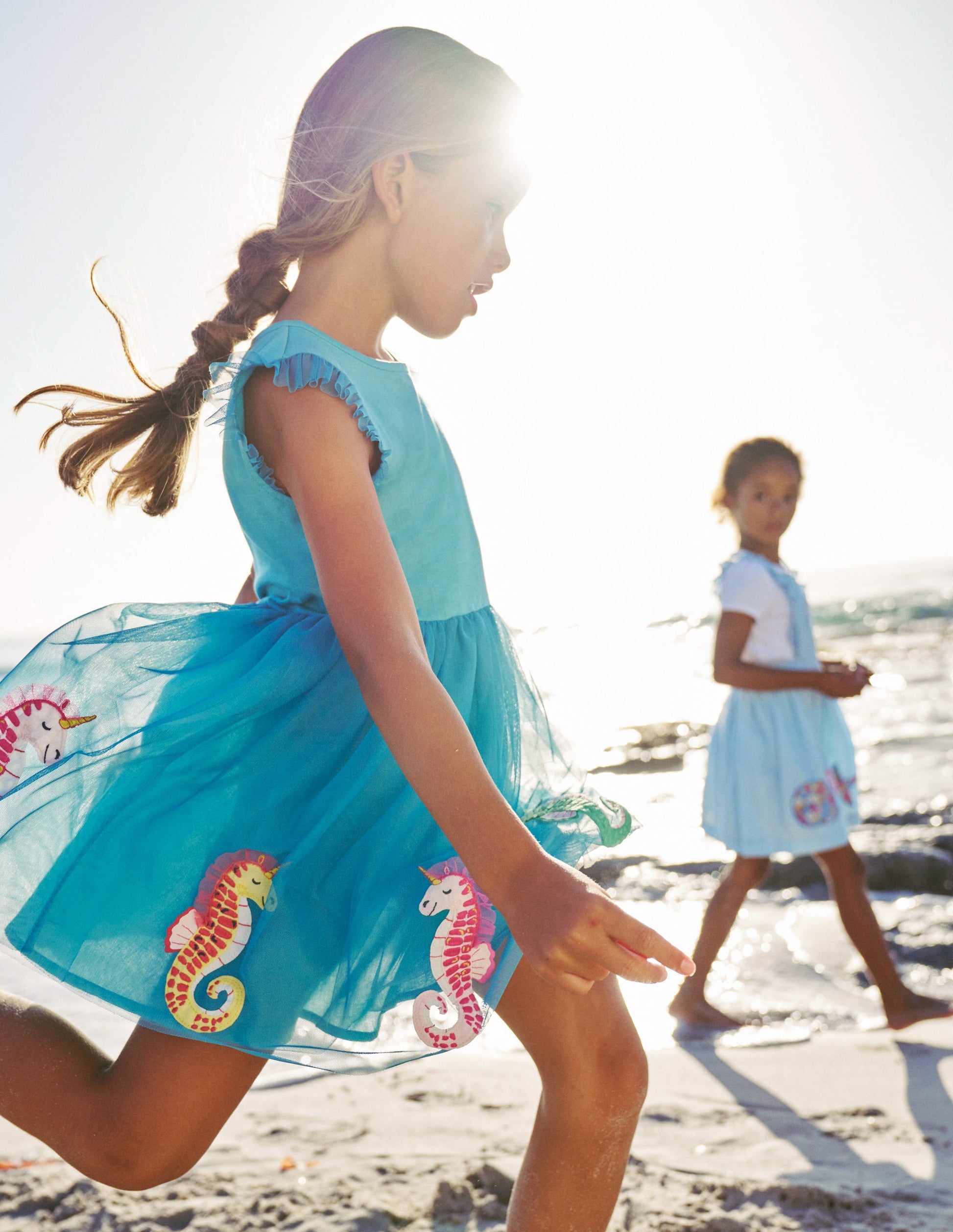 Jersey Tulle Appliqué Dress-Aqua Sea Blue Seahorses-4