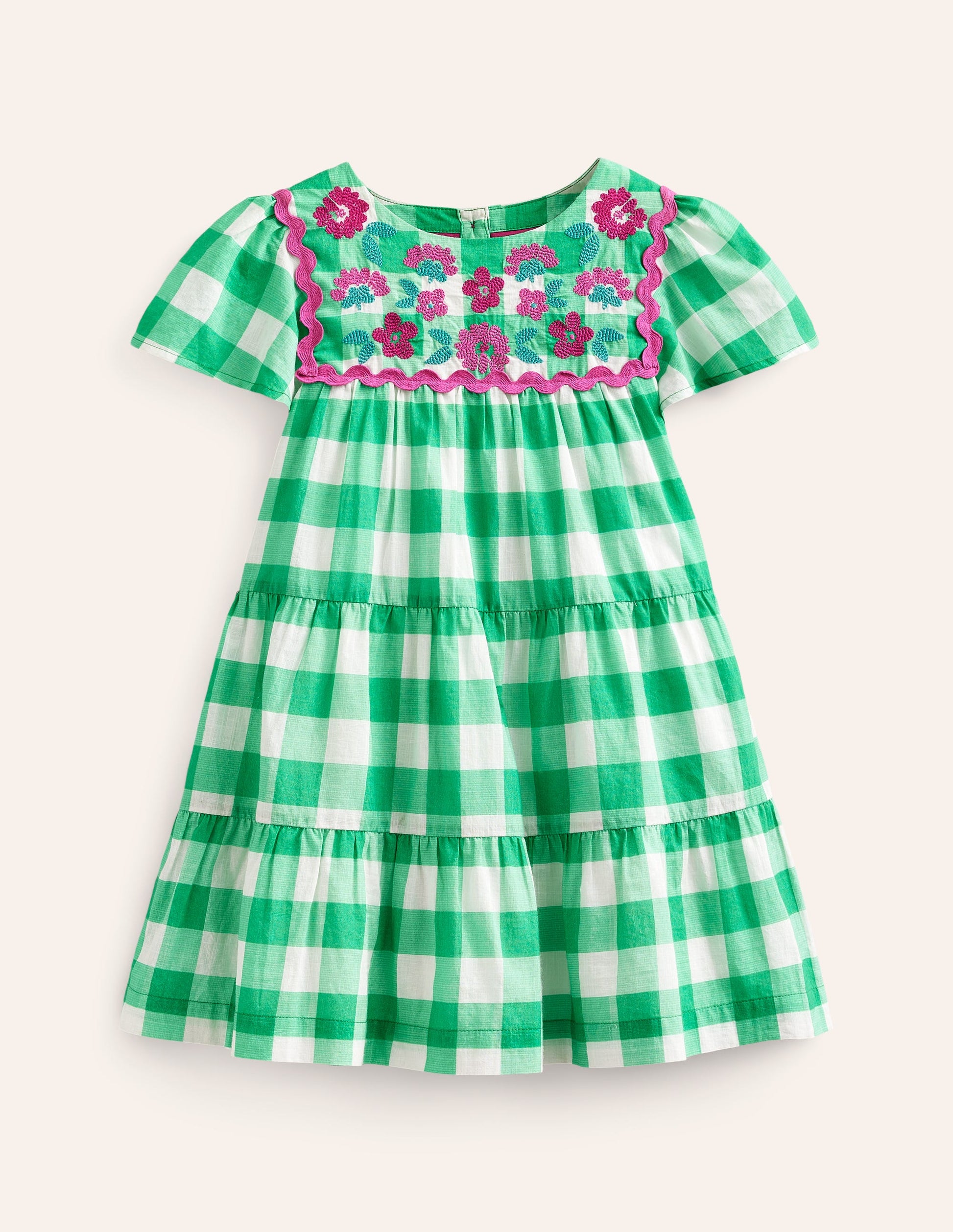 Gingham embroidered dress-Pea Green/ Ivory Gingham-3