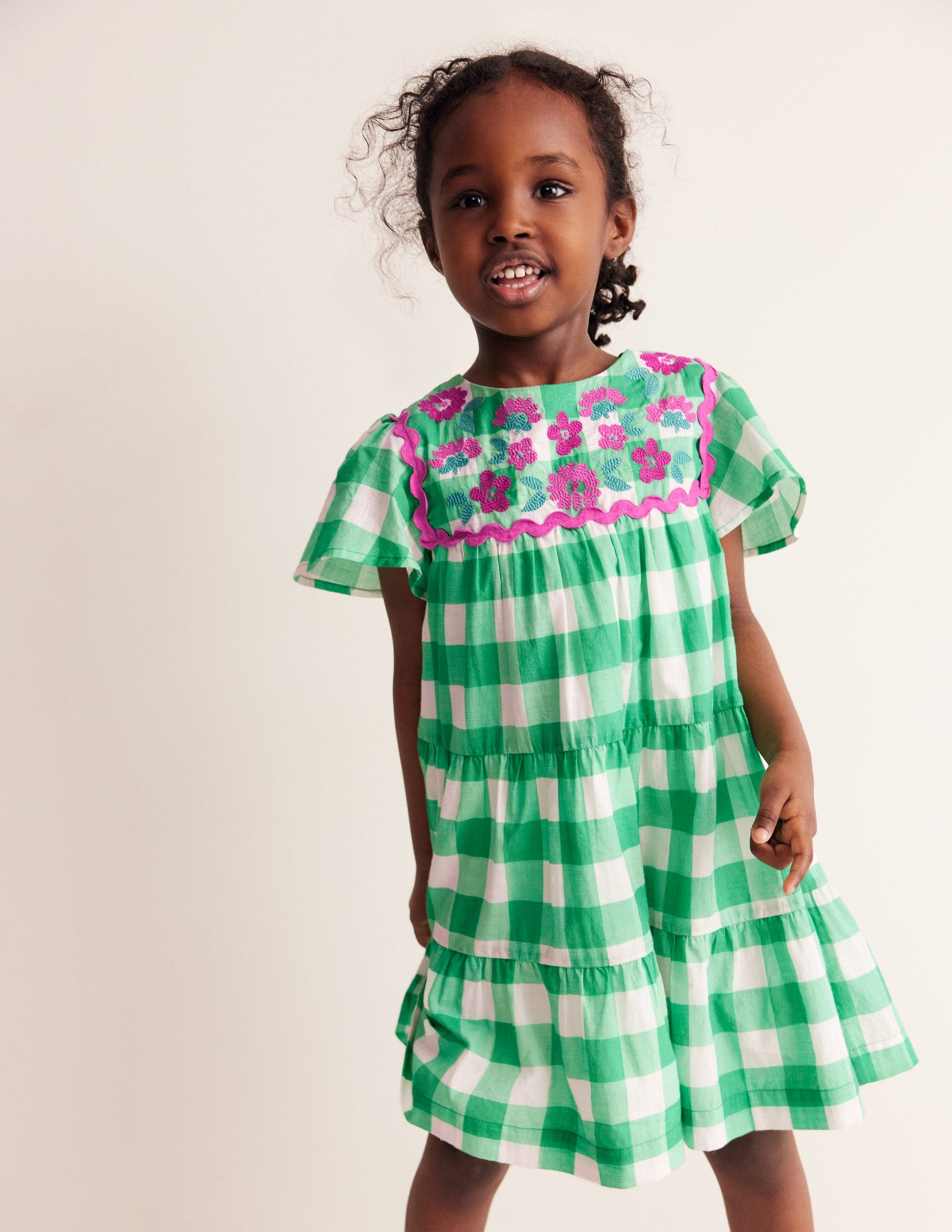 Gingham embroidered dress-Pea Green/ Ivory Gingham-1