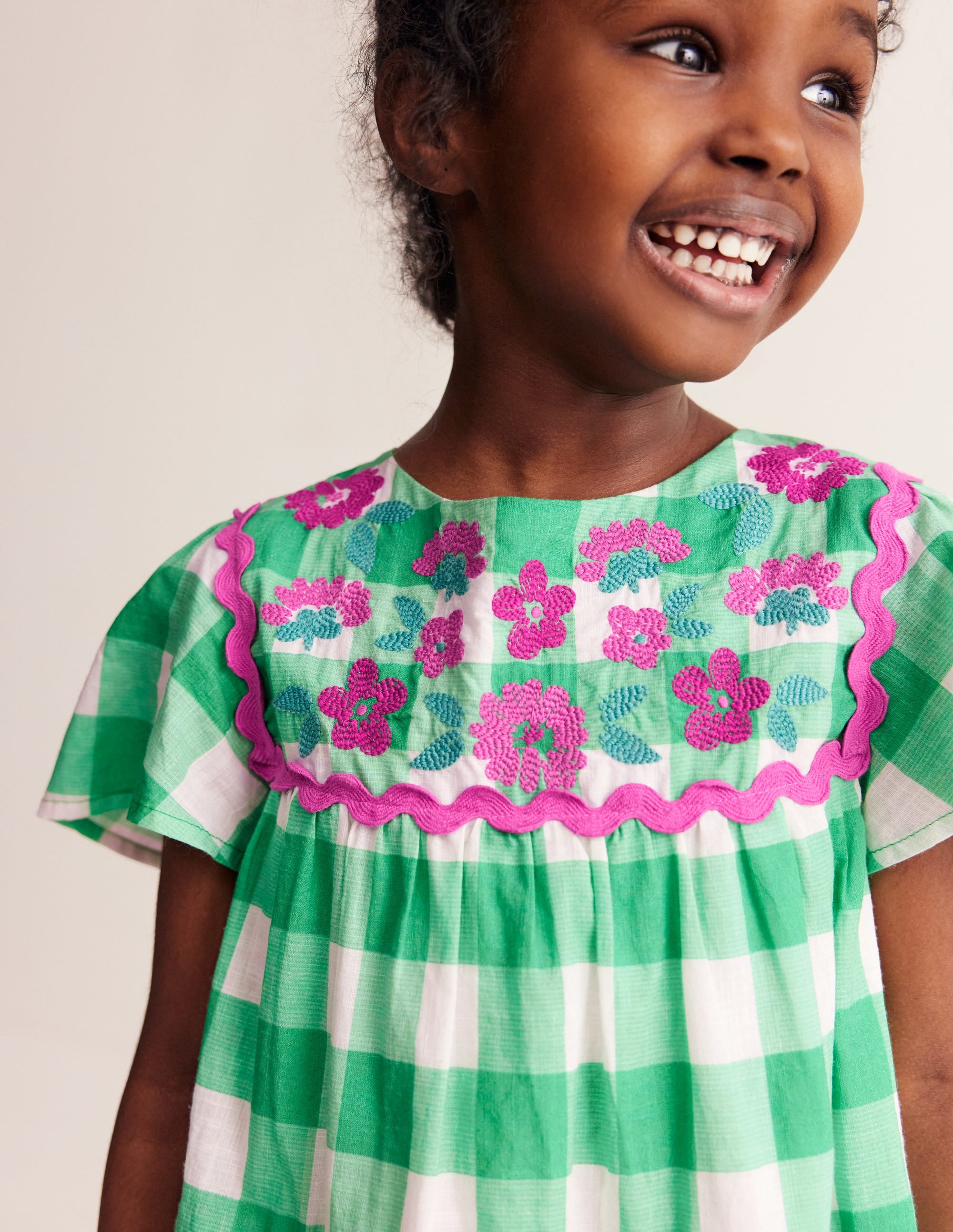 Gingham embroidered dress-Pea Green/ Ivory Gingham - Image 2