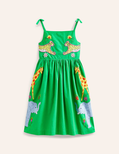Appliqué Cotton Dress-Sapling Green Safari Animals-3