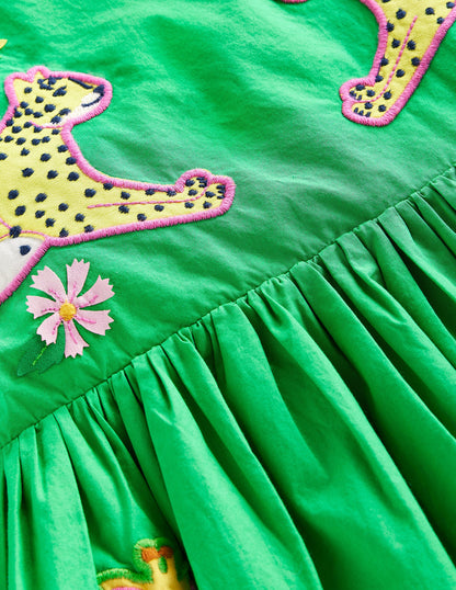 Appliqué Cotton Dress-Sapling Green Safari Animals-5