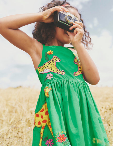 Appliqué Cotton Dress-Sapling Green Safari Animals