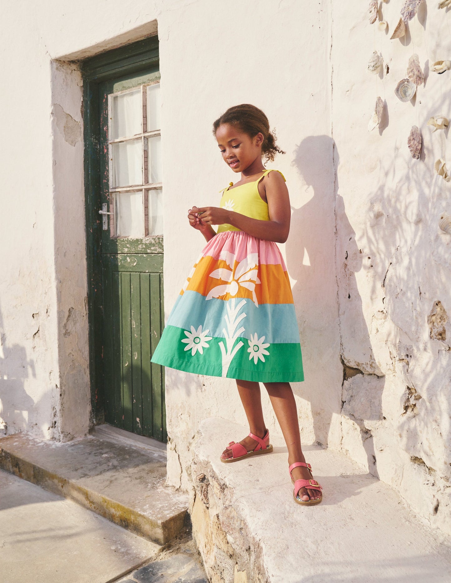 Appliqué Cotton Dress-Multi Colourblock Palms