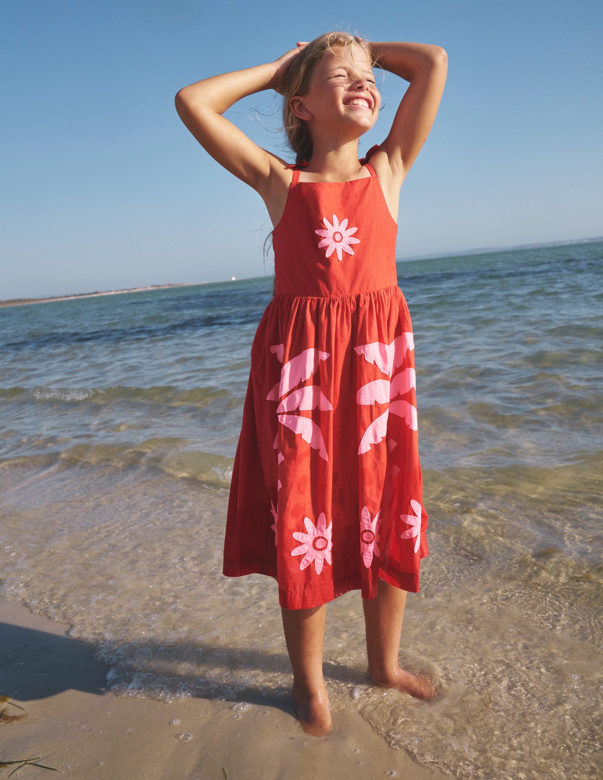 Appliqué Cotton Dress-Poppy Red Palms-1
