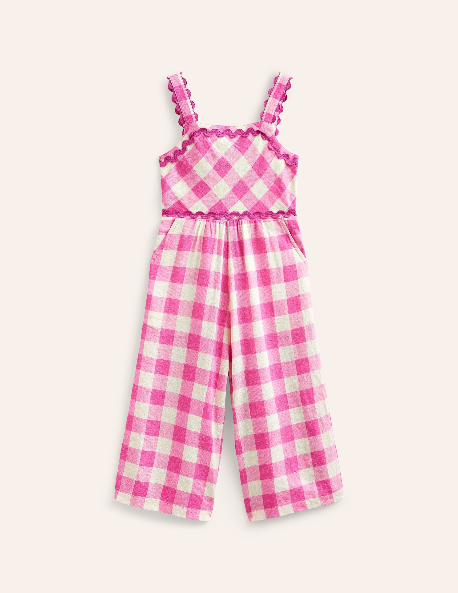 Wide Leg Ric Rac Jumpsuit-Pink Gingham-1