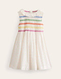 Smocked Bodice Dress-Ivory Dobby
