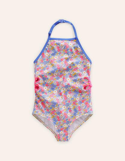 Cut Out Flower Halter Swimsuit-Festival Pink Nautical Floral-1