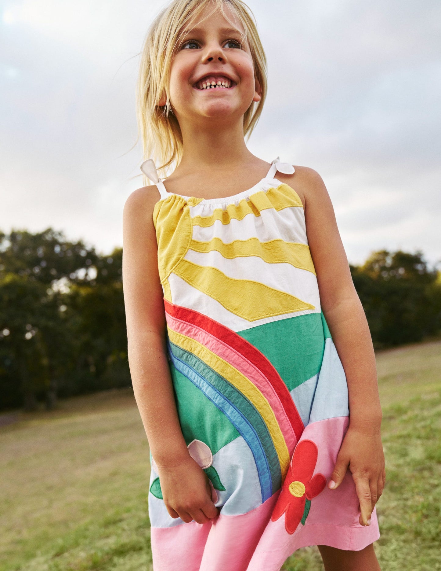 Strappy Appliqué Dress-Multi Rainbow Scene