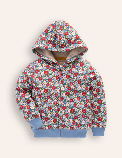 Shaggy-lined Hoodie-Glacier Blue Winter Floral