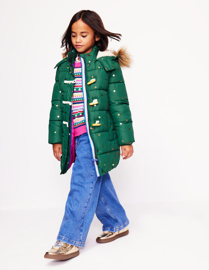 Longline Padded Coat-Jewel Green Gold Foil Confetti