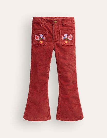 Kick Flare Trousers-Barn Red Floral Embroidery