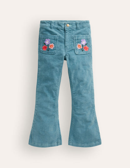 Kick Flare Trousers-Larkspur Floral Embroidery