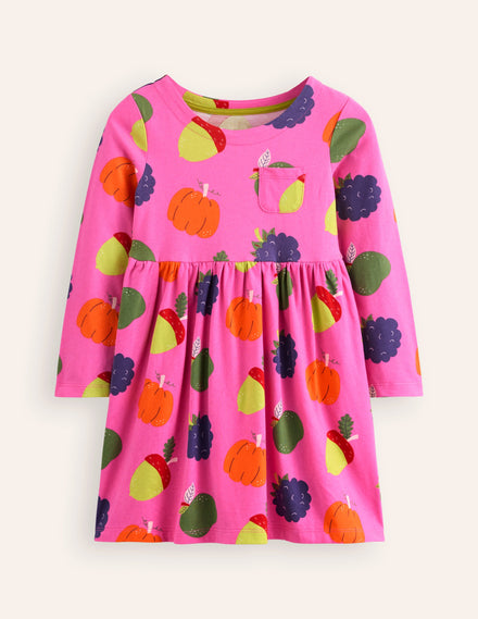 Long-Sleeved Fun Jersey Dress-Tickled Pink Autumn Friends