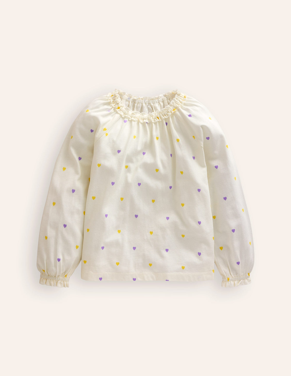 Frill Neck Jersey Blouse-Ivory Little Hearts - Image 1