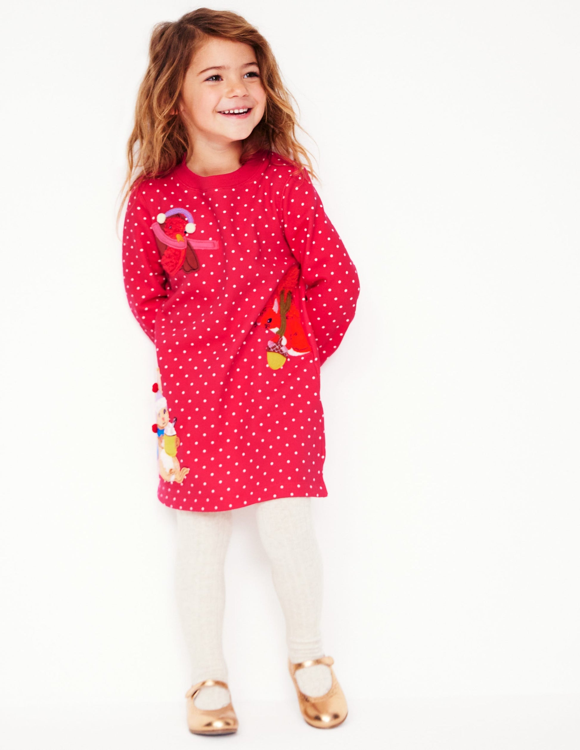 Sweatshirt Appliqué Dress-Rose Pink Pin Spot Animals-1
