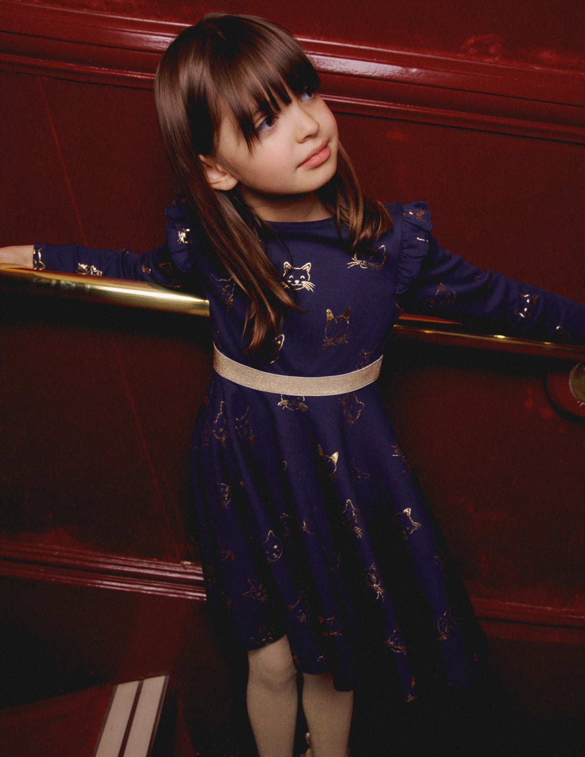 Mabel Twirly Ballerina Dress-College Navy Gold Foil Cats - Image 6