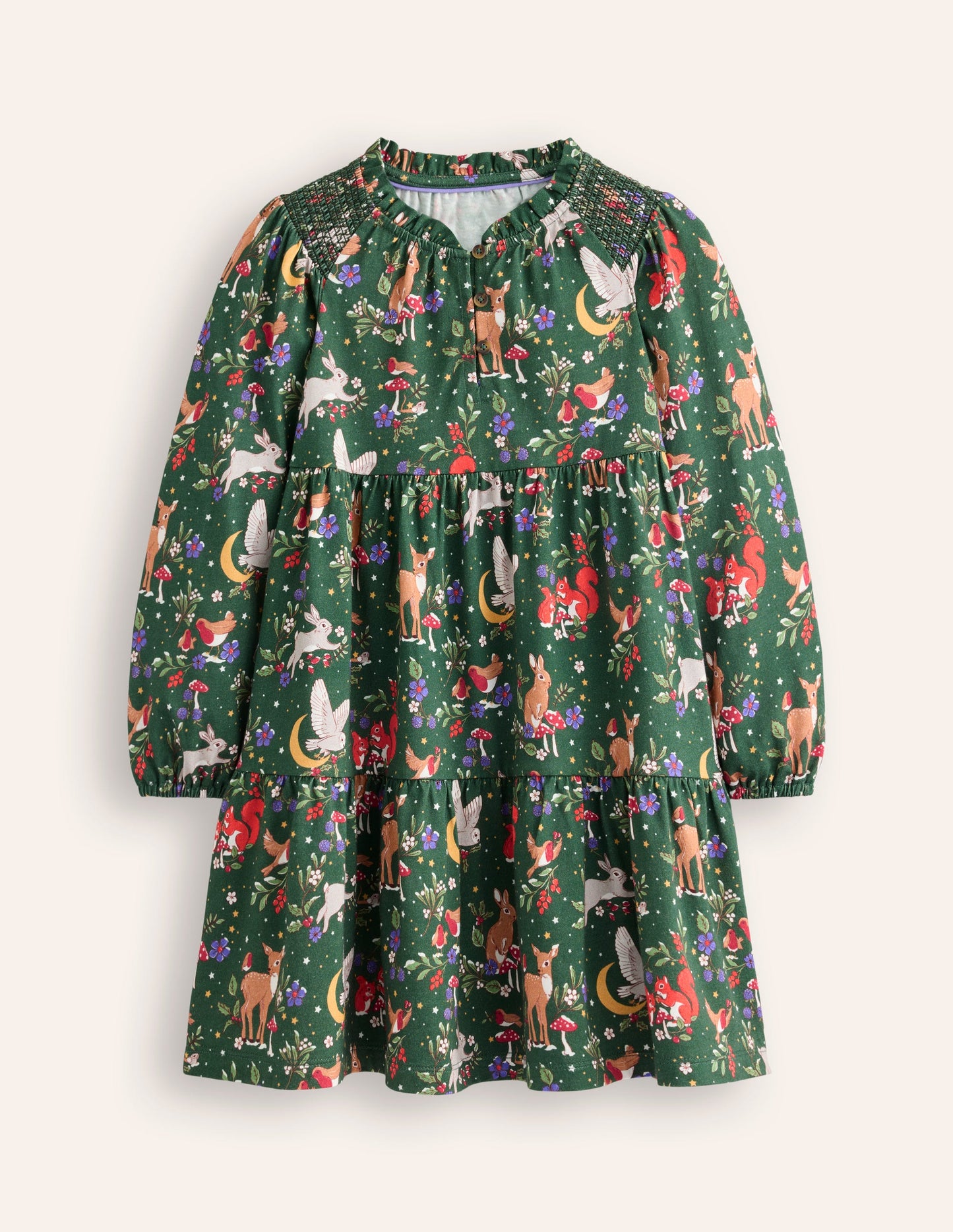 Tiered Jersey Dress-Pine Festive Woodland