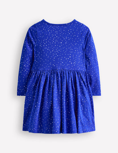 Appliqué Hem Jersey Dress-Soft Starboard Blue Christmas