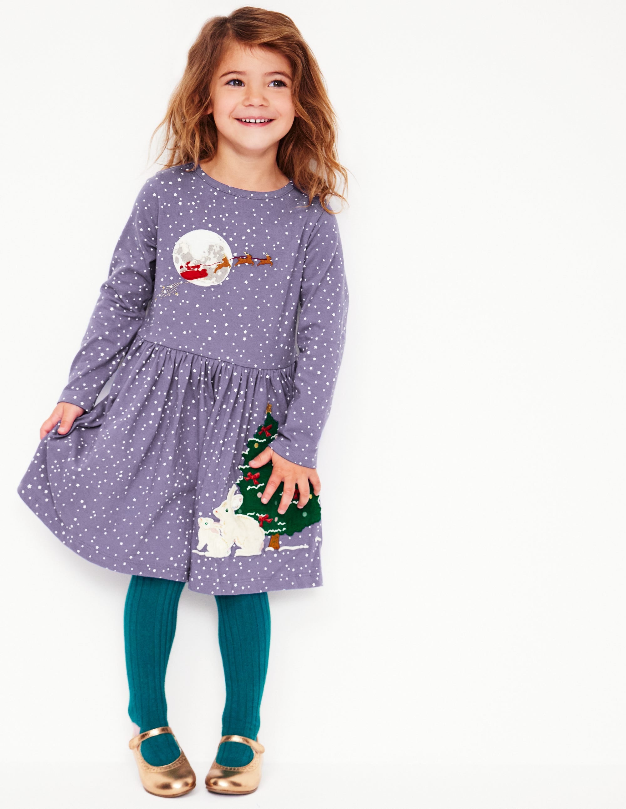 Appliqué Hem Jersey Dress-Soft Starboard Blue Christmas - Image 1