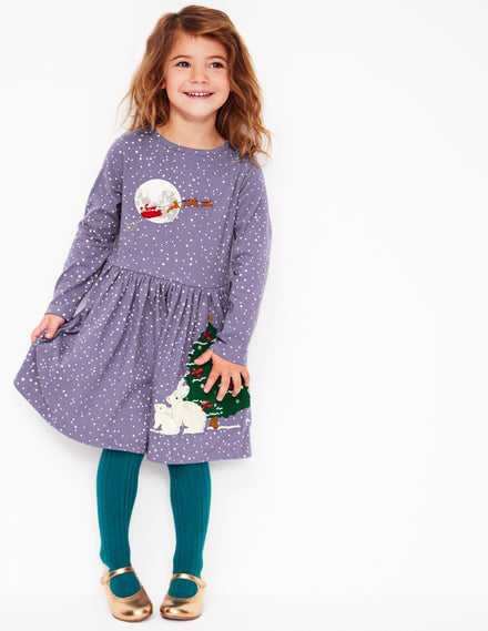 Appliqué Hem Jersey Dress-Soft Starboard Blue Christmas