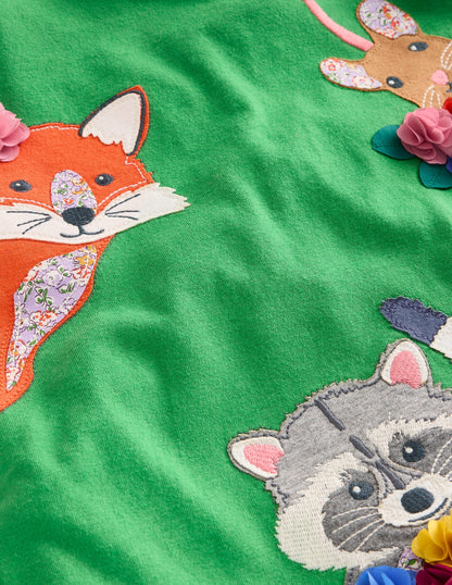 Appliqué Long Sleeve Top-Iguana Green Woodland Animals-3