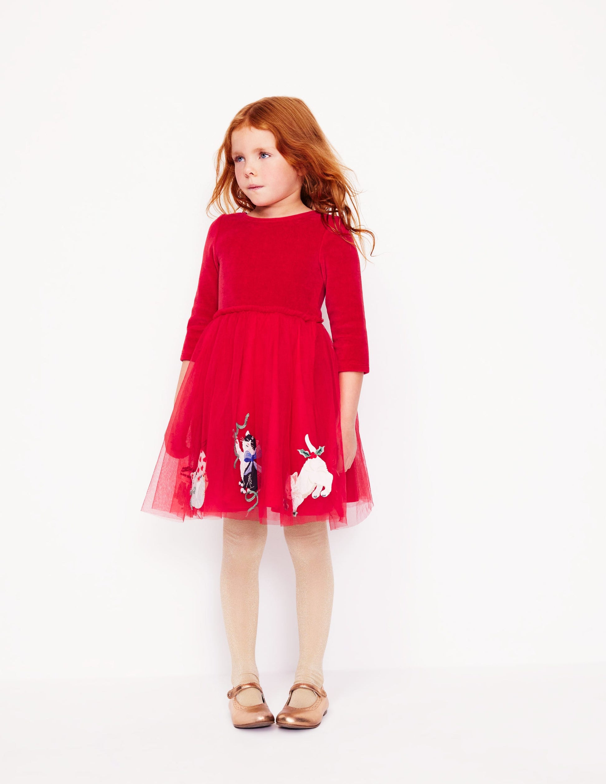 Velvet Tulle Appliqué Dress-Rouge Red Cats-1