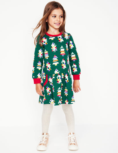 Cosy Printed Sweatshirt Dress -Jewel Green Christmas Trees