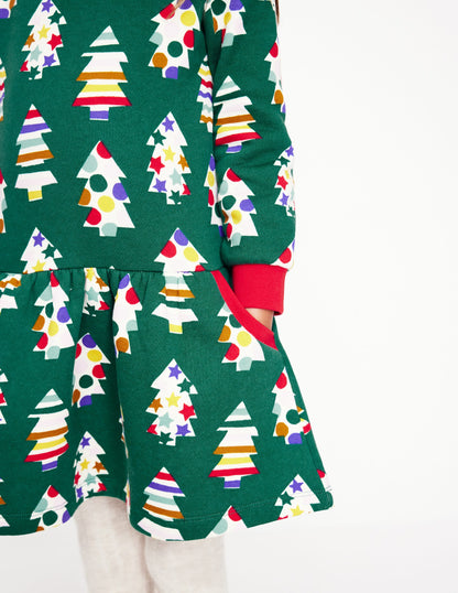 Cosy Printed Sweatshirt Dress -Jewel Green Christmas Trees