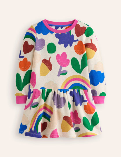 Cosy Printed Sweatshirt Dress-Multi Rainbow Collage