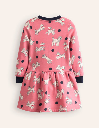 Cosy Printed Sweatshirt Dress-Almond Pink Poodles