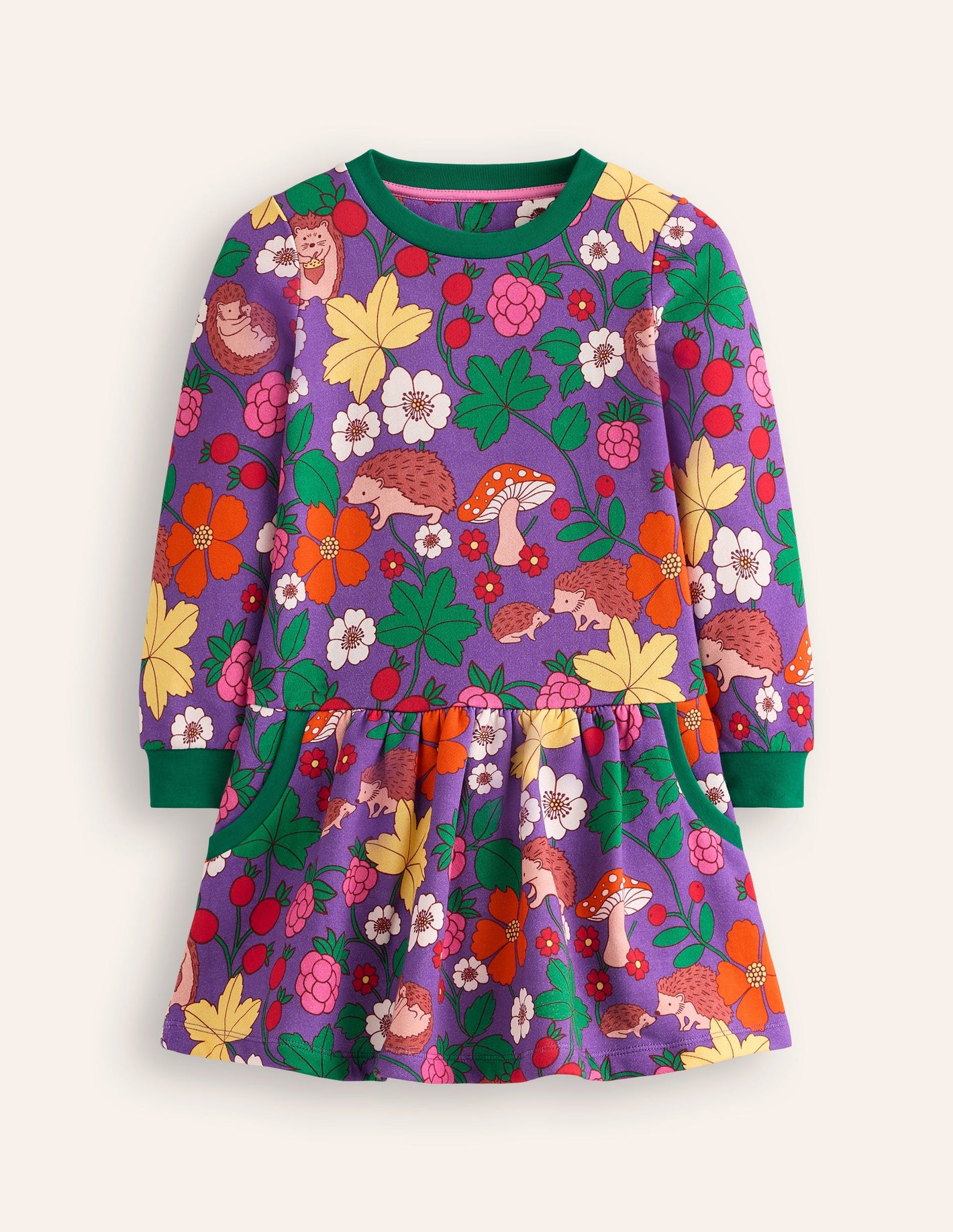 Cosy Printed Sweatshirt Dress-Pansy Purple Hedgehogs