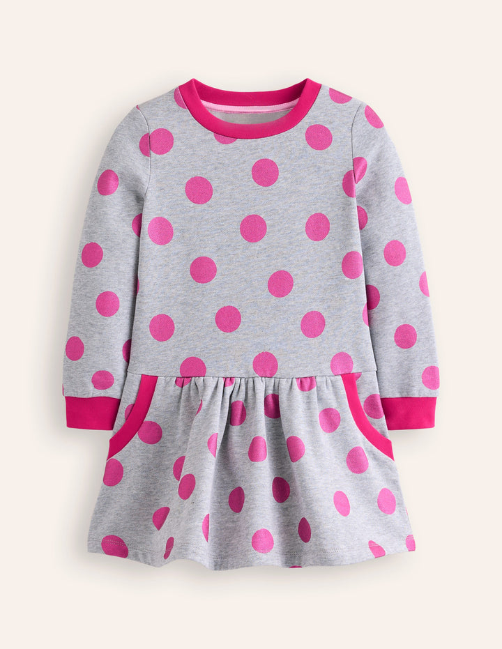 Cosy Printed Sweatshirt Dress-Grey Marl/ Pink Foil Spot