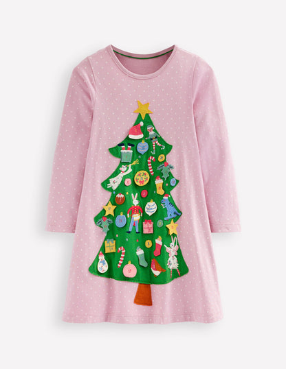 Advent Calendar Appliqué Dress-Vintage Pink Christmas Tree