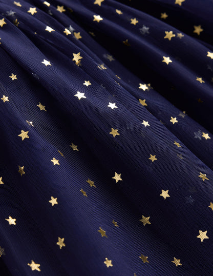 Rose Twirly Tulle Dress-College Navy Gold Stars