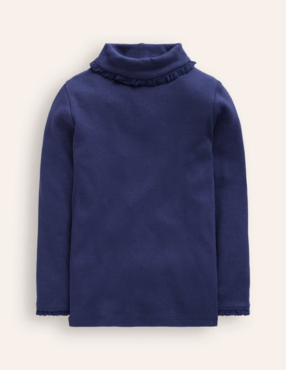 Ribbed Lace Trim Roll Neck-College Navy