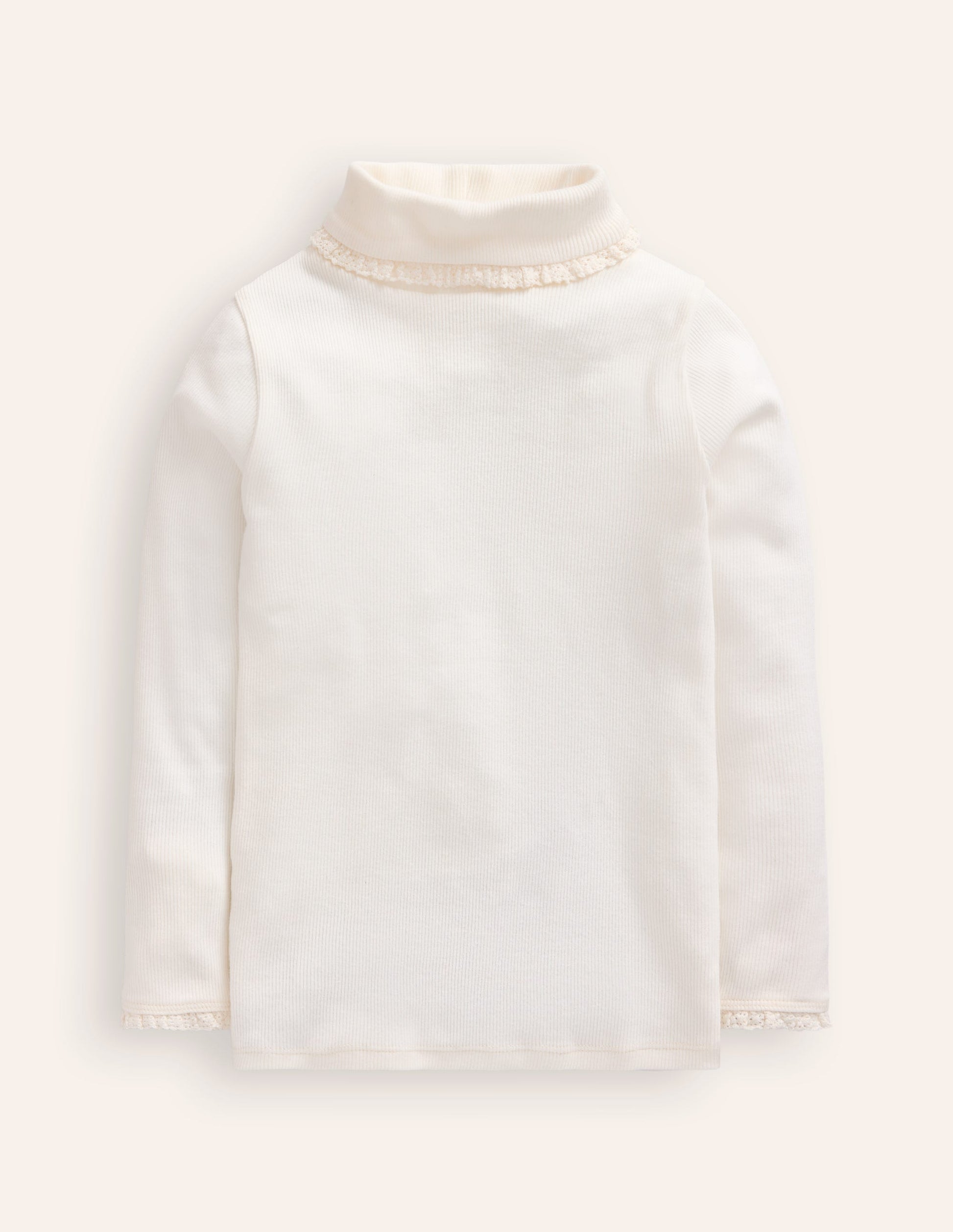 Ribbed Lace Trim Roll Neck-Ivory-1