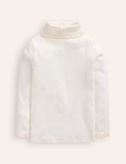 Ribbed Lace Trim Roll Neck-Ivory-1