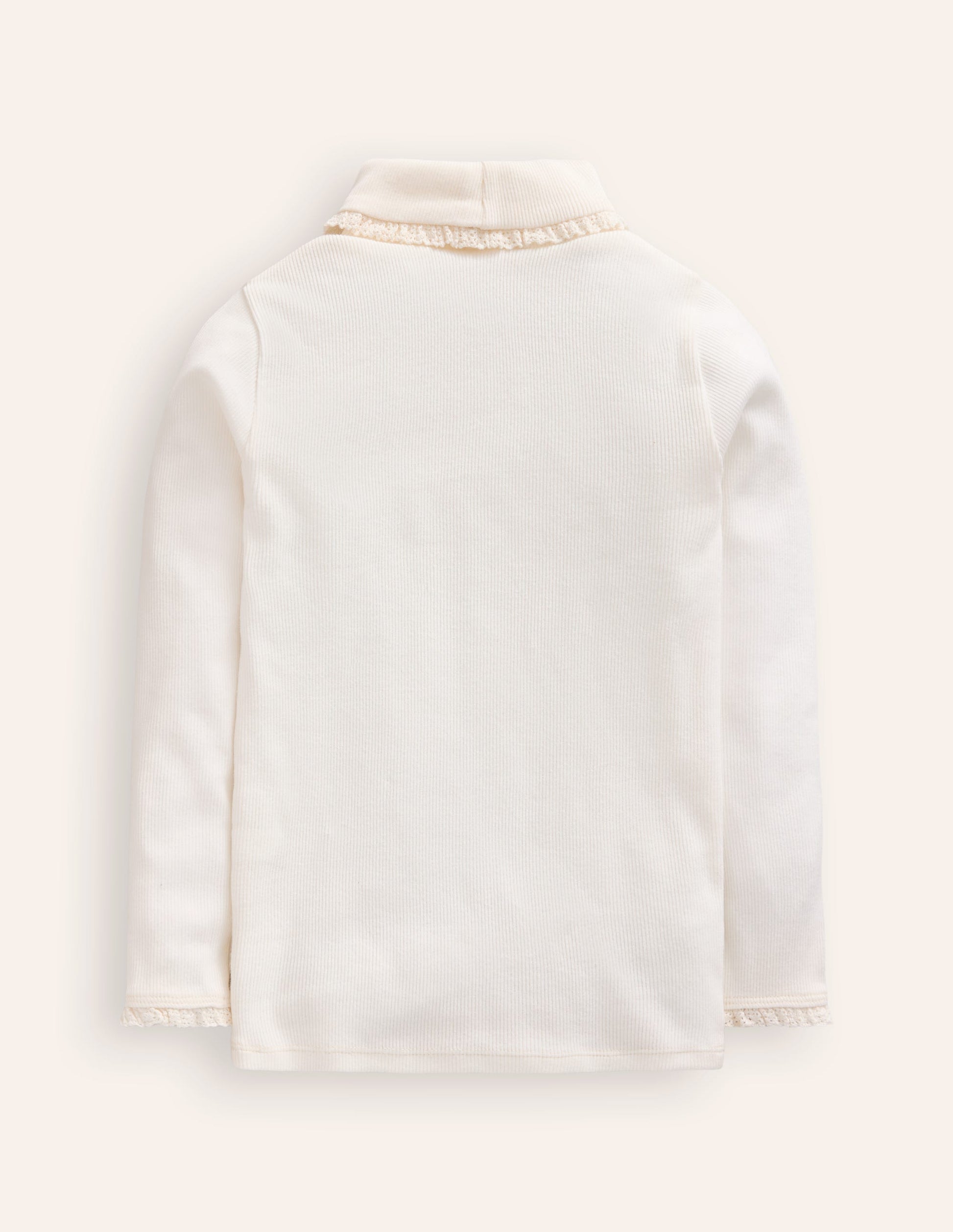 Ribbed Lace Trim Roll Neck-Ivory-2