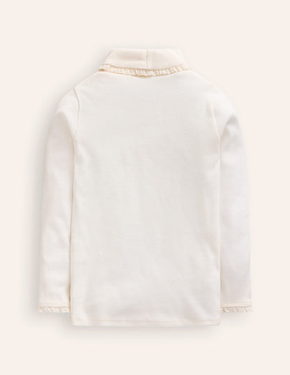 Ribbed Lace Trim Roll Neck-Ivory-2