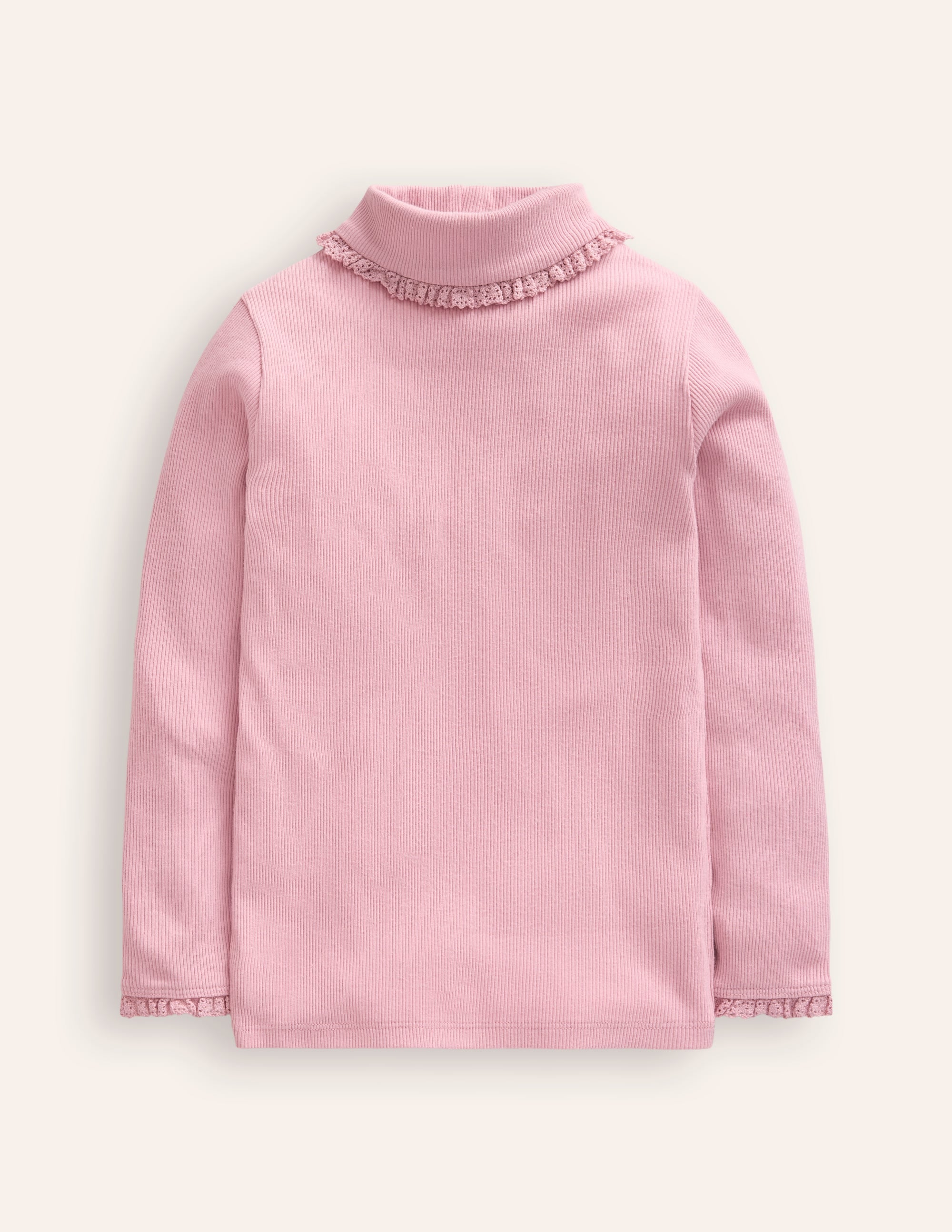 Ribbed Lace Trim Roll Neck-Vintage Pink - Image 1