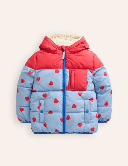 Reversible Padded Borg Coat-Blue/Red Ditsy Hearts