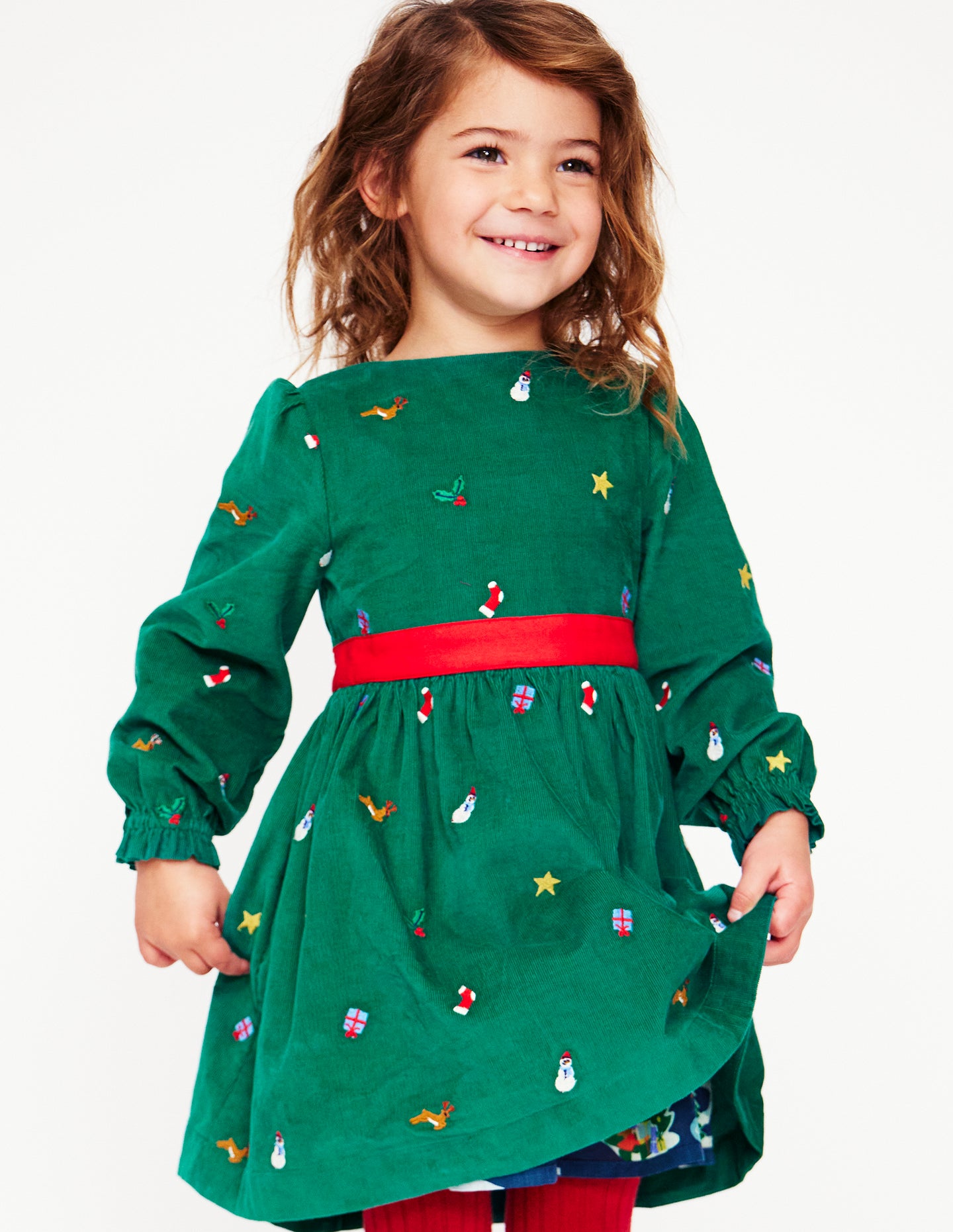 Peggy Cord Party Dress-Jewel Green Festive Embroidery-3