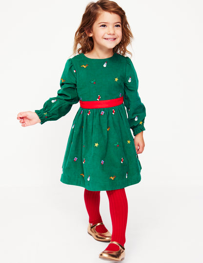 Peggy Cord Party Dress-Jewel Green Festive Embroidery-5