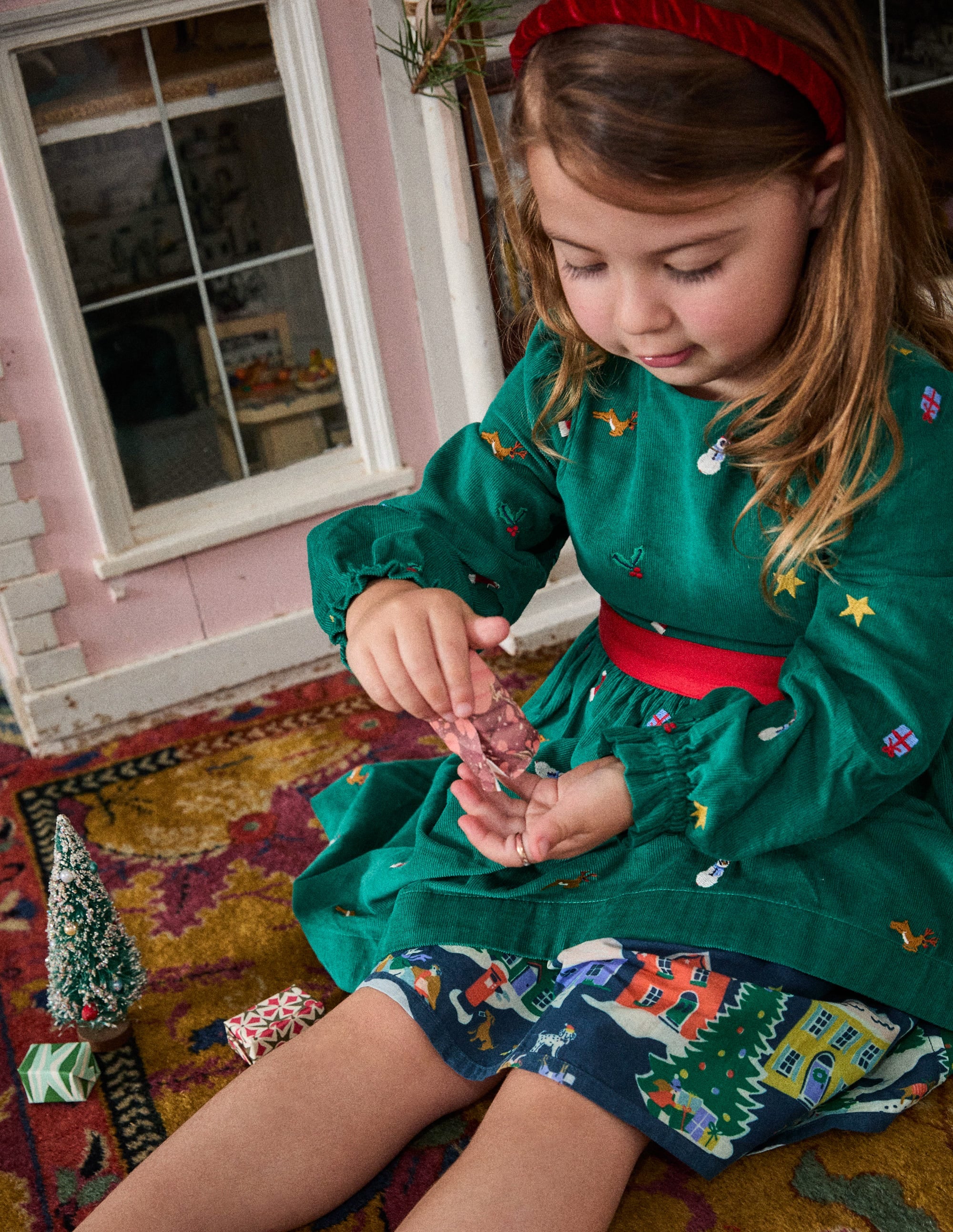Peggy Cord Party Dress-Jewel Green Festive Embroidery - Image 9