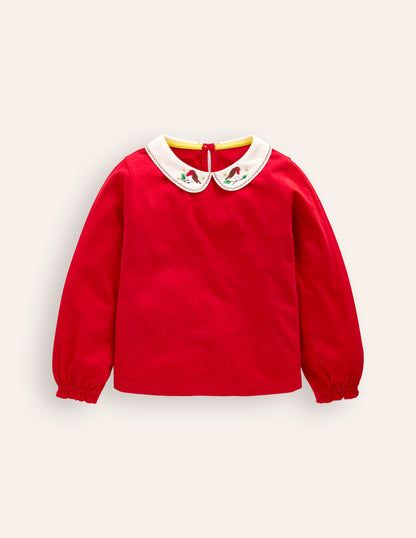 Collared Jersey Top-Poppy Red Robin Embroidery