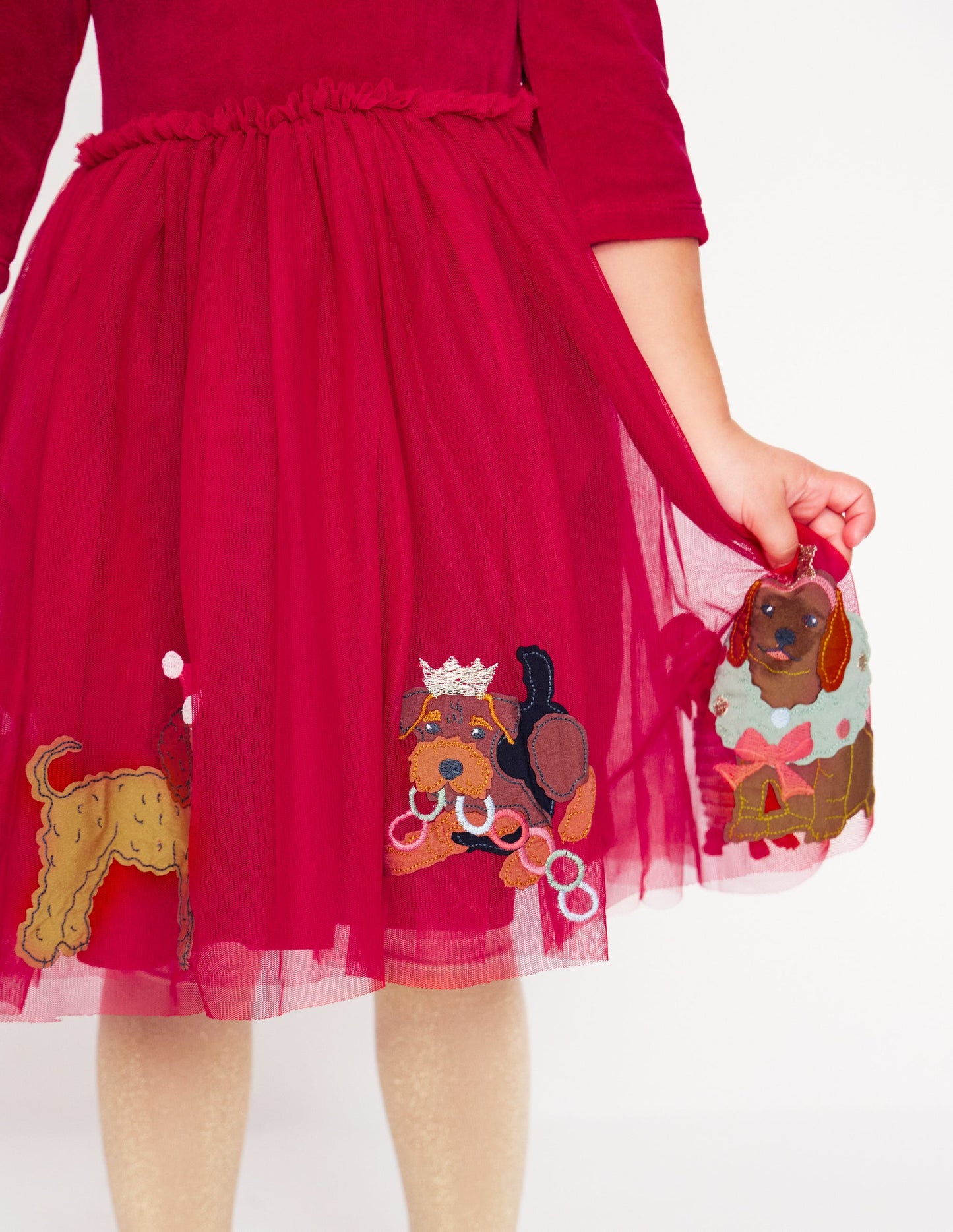 Velvet Tulle Appliqué Dress-Carmine Red Festive Dogs